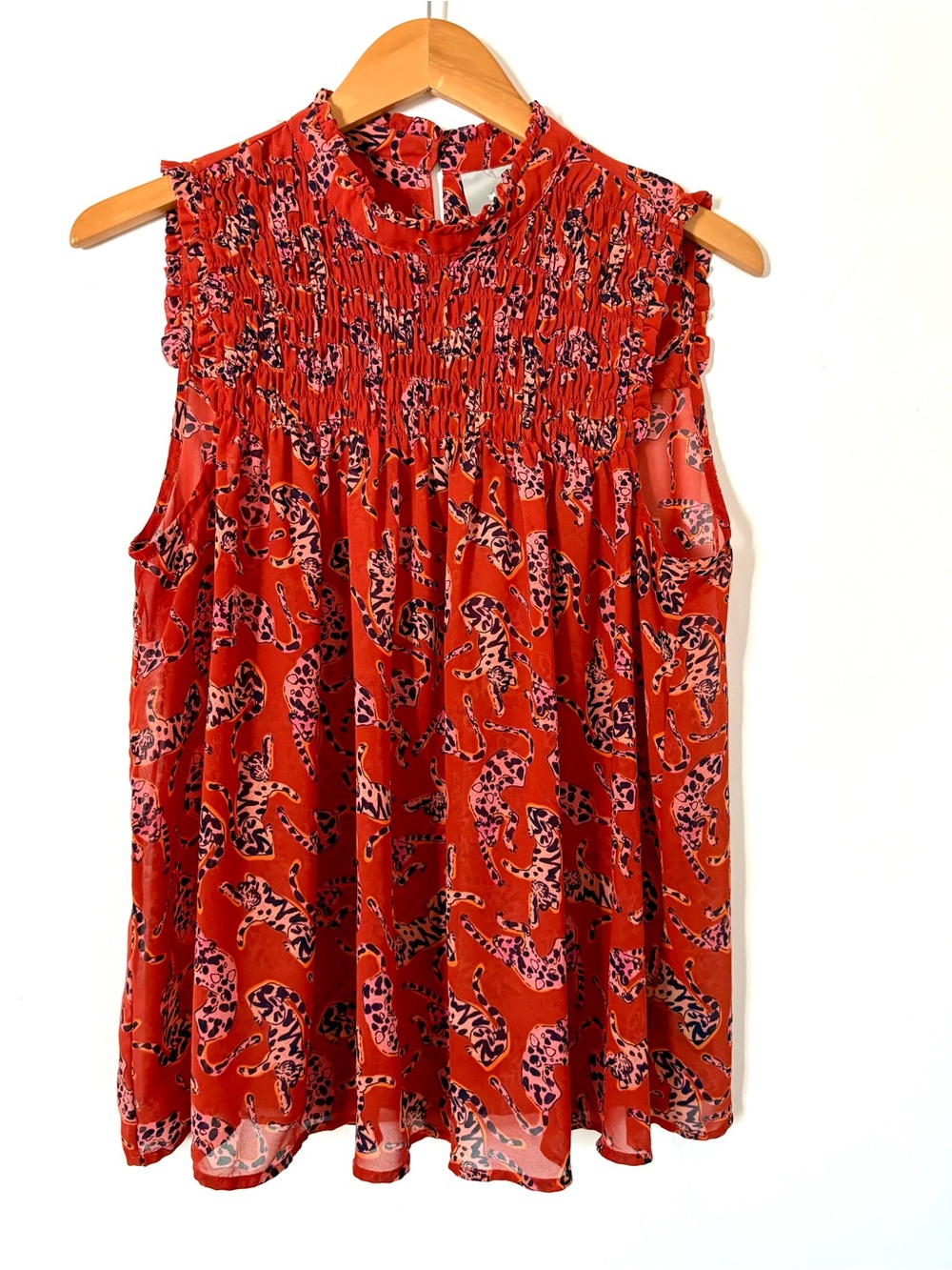 Maeve Darby Sleeveless Red Smocked Neck Leopard Print Blouse SZ 12